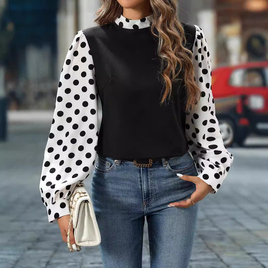 Women Clothing Elegant Spring Autumn Polka Dot Stitching High Collar Women Shirt