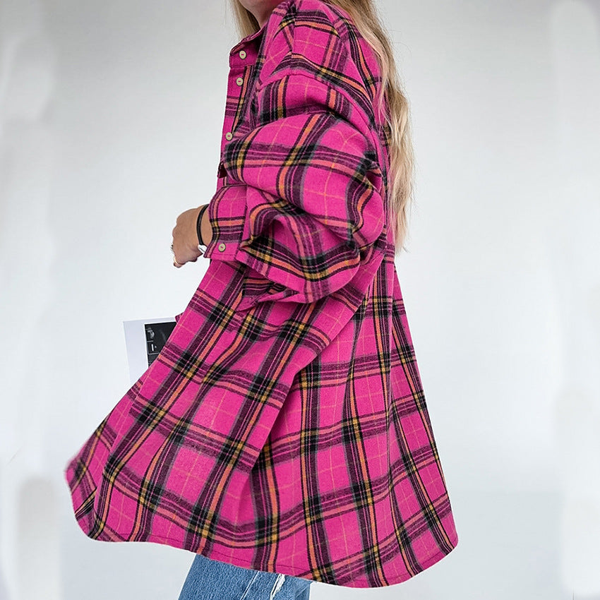 Rose Red Retro Classic Plaid Long Sleeve Lazy Shirt Autumn Loose Women