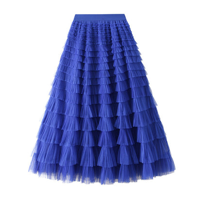 Mesh Tiered Skirt Women Spring Autumn Dress Fairy White Yarn Skirt Pleated