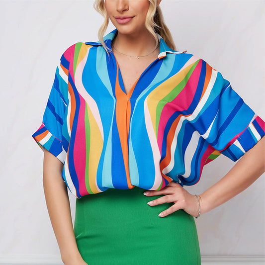 Short Sleeved Shirt Women Striped Printed Pullover Loose Shirt