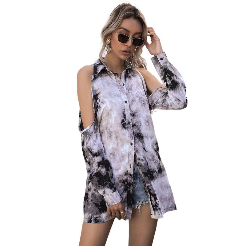 Cárdigan de cuello polo de manga larga con hombros descubiertos, camisa de moda de gasa teñida con lazo de Oriente Medio, ahuecada para mujer de verano