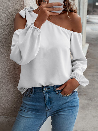 Spring Summer Solid Color Casual Loose One Shoulder Tied Long Sleeves Top