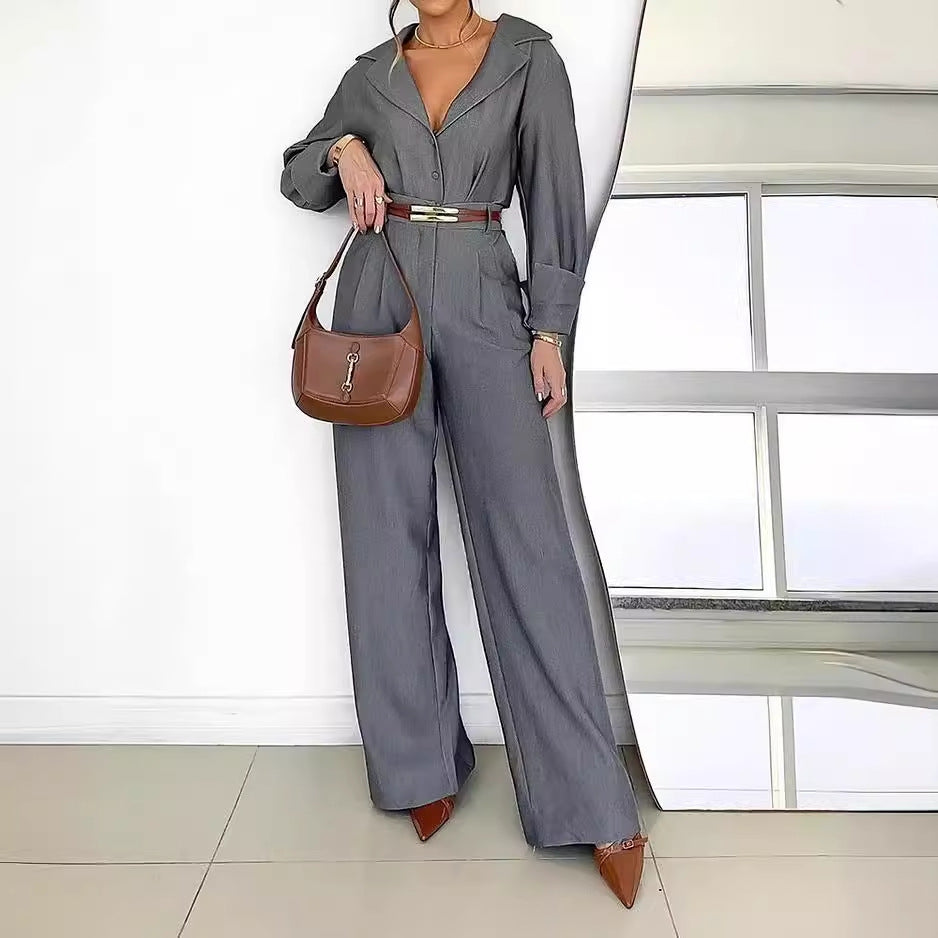 Ladies Suit Autumn Winter Polo Collar Long Sleeve Top Trousers Two Piece Set No Belt