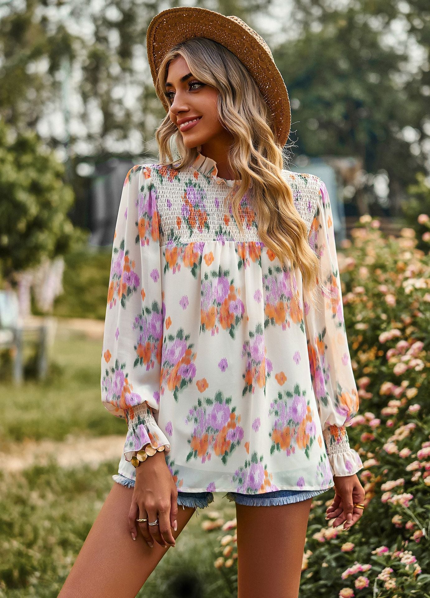 Top con estampado floral, elegante, de doble capa, para primavera y verano, para mujer