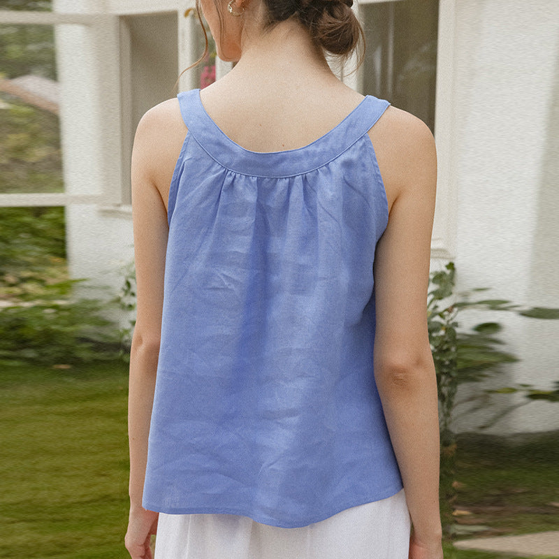 Summer Pure Linen round Neck Camisole Vest French Loose Slimming Sleeveless off-Shoulder Top Women Thin