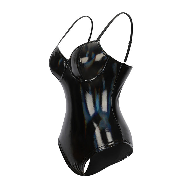 Black Faux Leather Spaghetti Strap Sexy Jumpsuit Can Be Worn outside Tight Waist Slim with Steel Ring Cup Swimsuit