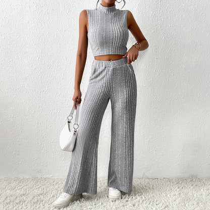 Women Clothing Autumn Winter Casual Set round Neck Top Wide Leg Pants