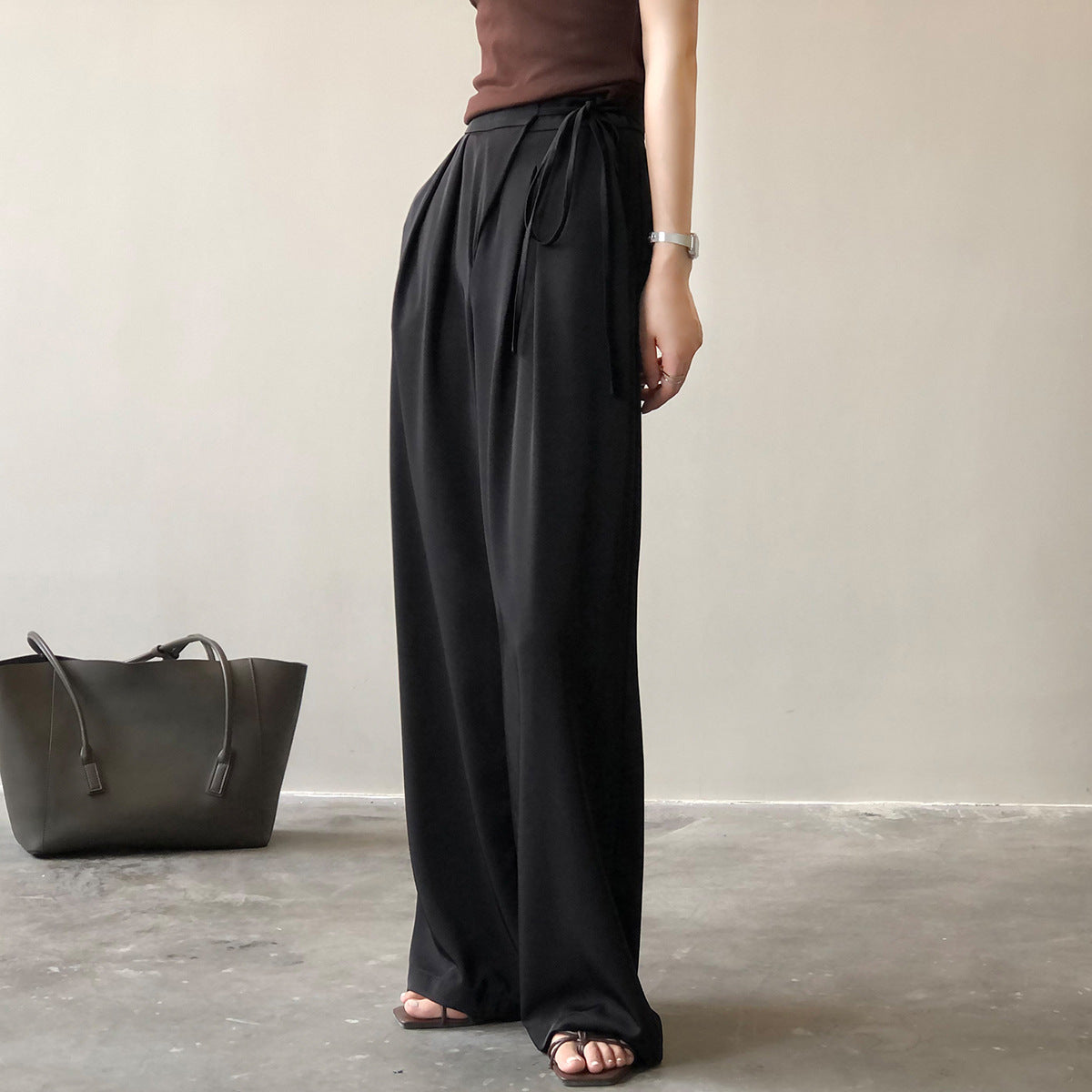 Pantalón de trabajo Mujer Otoño Nicho Cintura alta con correas Drape Casual Pierna recta Pantalones anchos