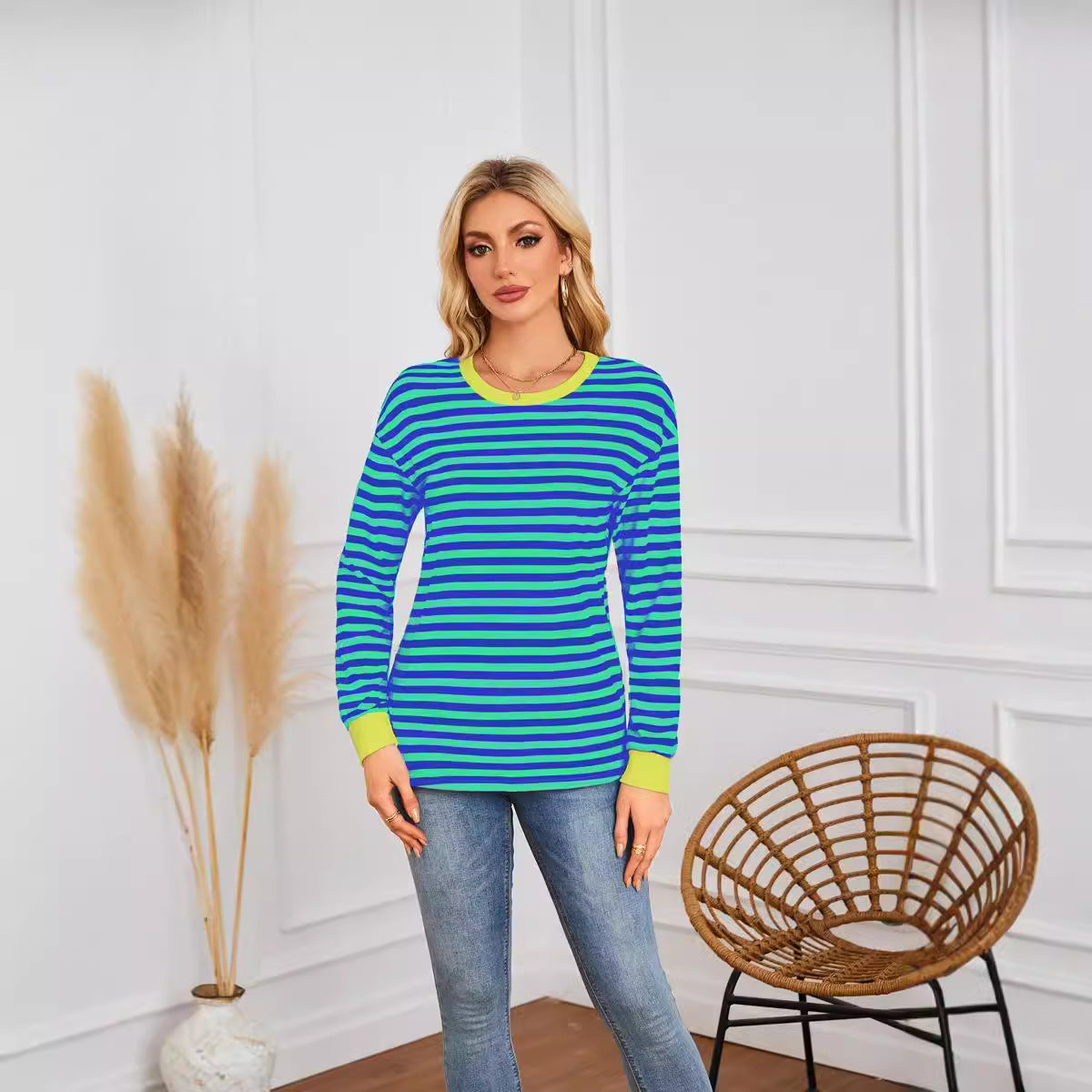 Women Clothing Striped Pattern round Neck Long Sleeve Casual Sweatshirt Top for Women