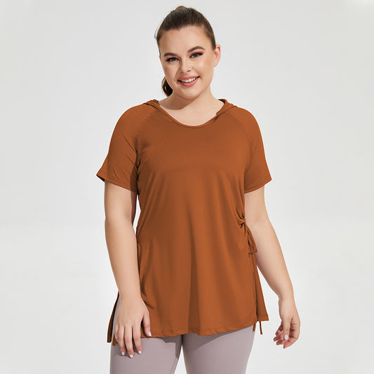 Ropa de Fitness ajustada de talla grande para mujer, Camiseta deportiva de manga corta con capucha, chaqueta de Yoga larga hasta el muslo de secado rápido