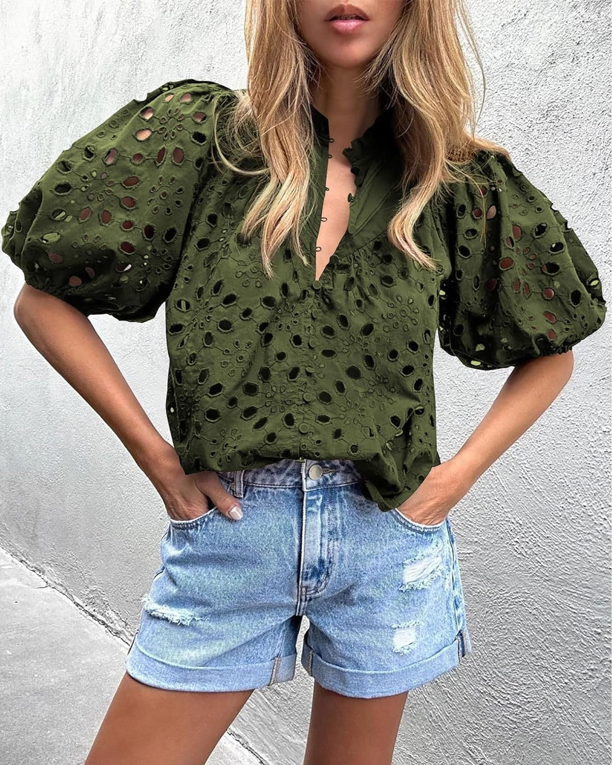 Women Top Embroidery Hollow Out Cutout Lantern Sleeve Shirt T Shirt