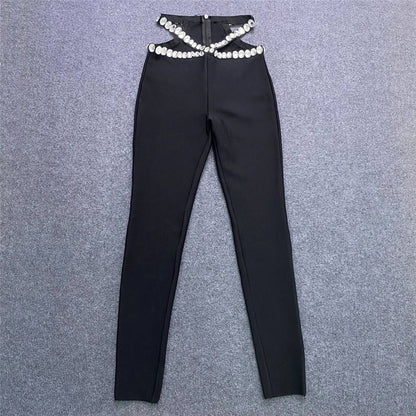 Sexy Beaded Cross Hollow Out Cutout Low Waist Bandage Skinny Pants Tight Elastic Casual Pants Women