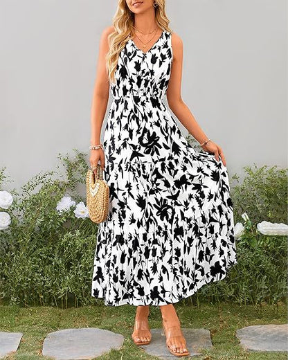 Women Clothing Shein V neck Elastic Waist Printed Casual Sleeveless Dress