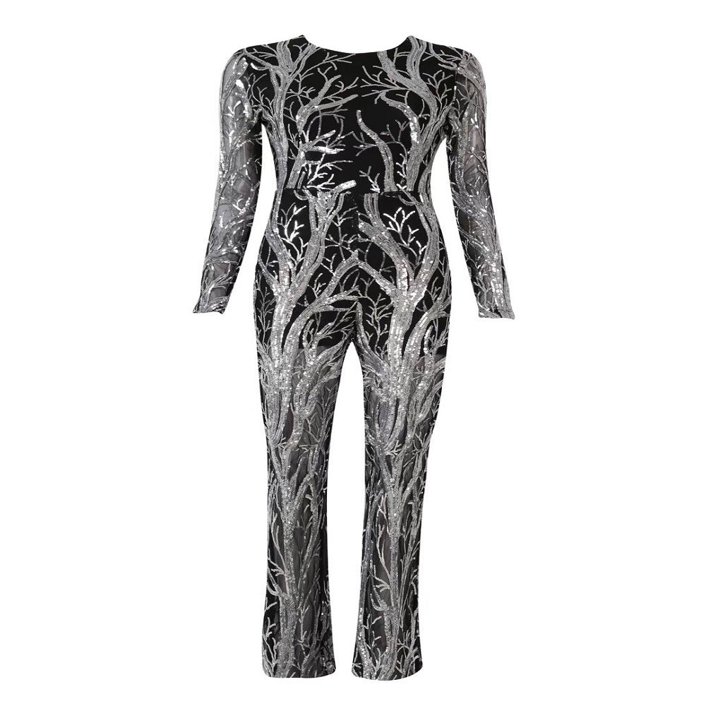 Enger, mehrfarbiger Jumpsuit für Damen, Spitze, durchsichtig, sexy Rundhalsausschnitt, Mikro-Pullover, lang, großflächiger Druck