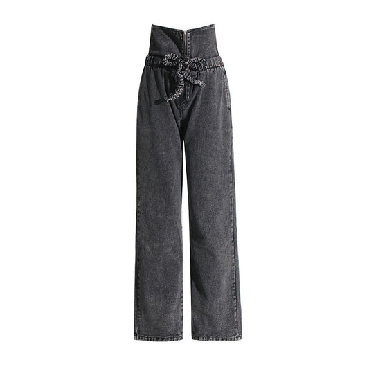 Retro High Waist Jeans Frühling Locker Gerade Hohe Taille Schlankheits Nischenhose