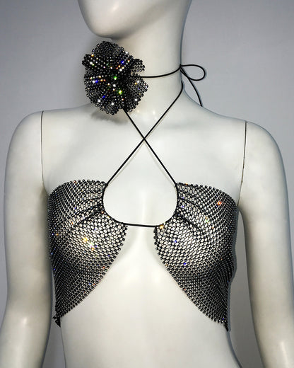 Ropa de mujer Fishnet Rhinestone Halter Spaghetti Straps Camelia Rhinestone Top Chaleco sexy de dos piezas