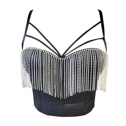 Top Sexy Pure Want ajustado para el pecho con almohadilla para el pecho, ropa interior push-up, ropa exterior, cadena de diamantes de imitación, borla, sujetador con corsé