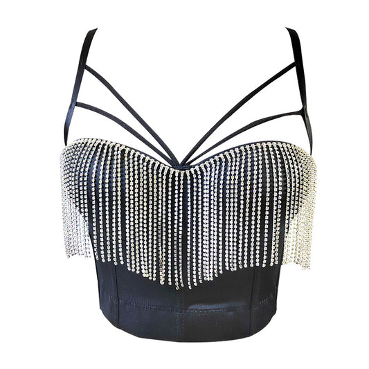 Top Sexy Pure Want ajustado para el pecho con almohadilla para el pecho, ropa interior push-up, ropa exterior, cadena de diamantes de imitación, borla, sujetador con corsé