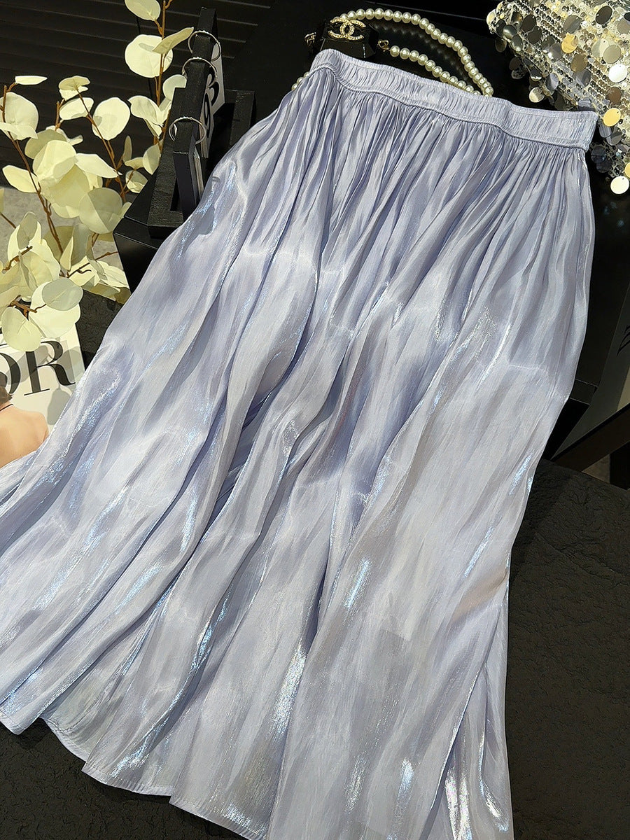 Retro Fashionable Pleated Drooping Slimming High Waist A line Skirt High Grade Glossy Pearlescent Chiffon Pleated Skirt