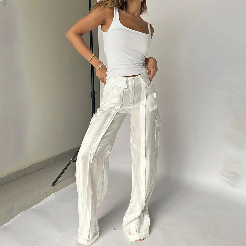 Trendy Women Sleeveless Solid Color Top Shiny Pants Two Piece Set