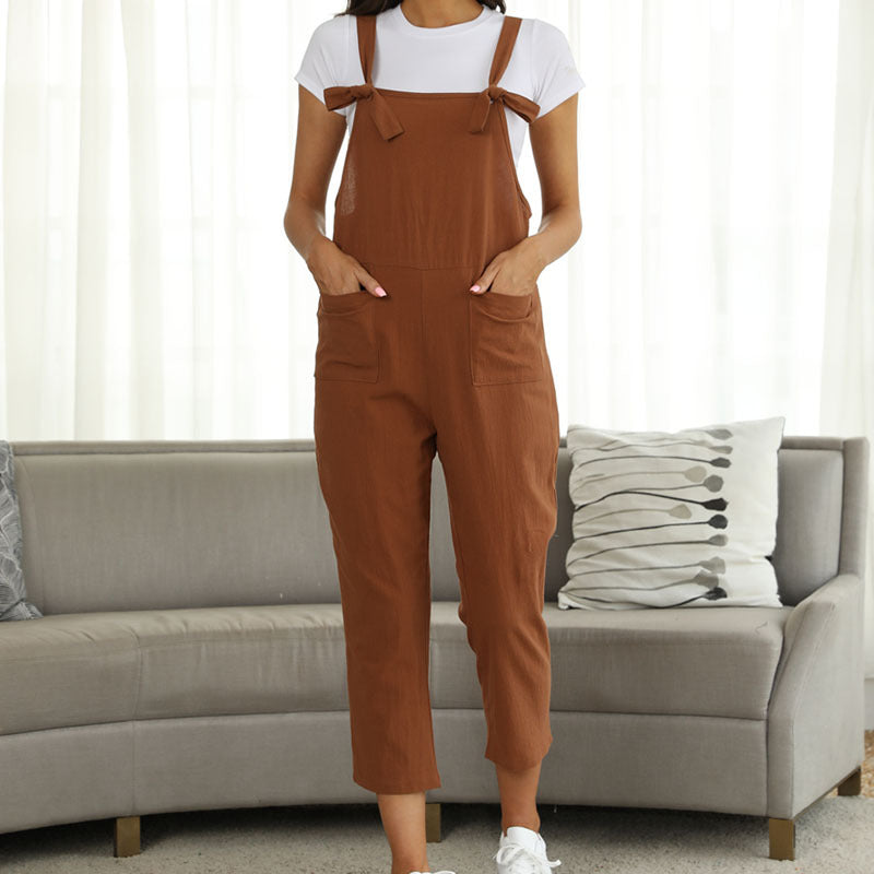 Spring Summer Women Clothing Artistic Cotton Linen Suspender Casual Trousers Jumpsuit