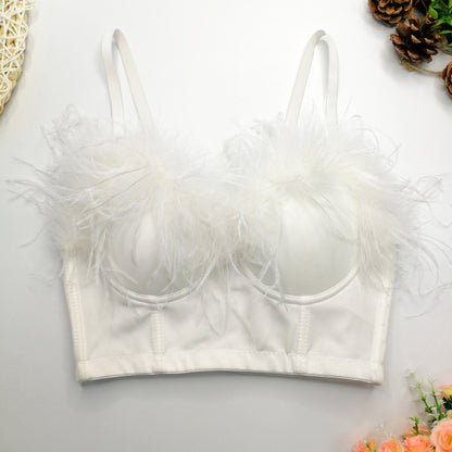 Corsé con plumas de avestruz, ropa interior envolvente para el pecho, abrigo de plumas sexy para discoteca, escote en V profundo sin espalda, tirantes sexys para mujer