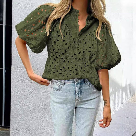 Women Top Embroidery Hollow Out Cutout Lantern Sleeve Shirt T Shirt