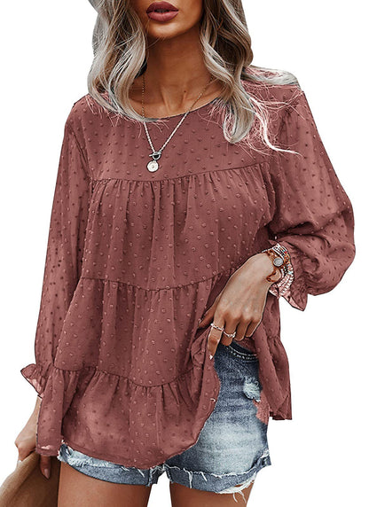 Women Clothes Spring Autumn Loose Chiffon Shirt Long Sleeve round Neck Ruffle Top Babydoll