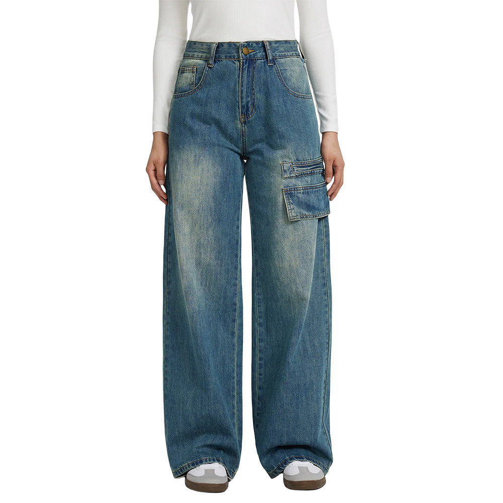 Spring Summer Retro Overalls High Waist Slimming Fashionable All Match Denim Trousers