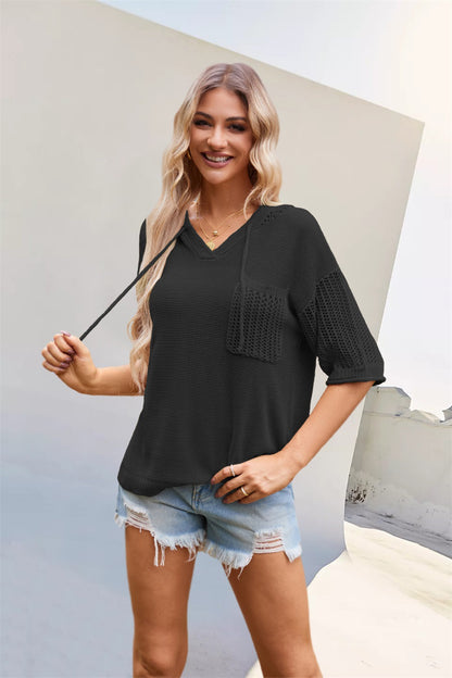 Summer V neck Hooded Sweater with Pockets Hollow Out Cutout Short Sleeved Top for Women