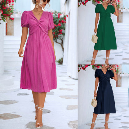 Spring Summer Women Clothing Solid Color Short Sleeve Twist Dress