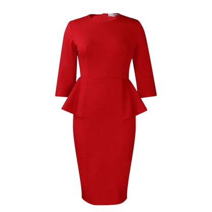 Summer Women Clothing Solid Color round Neck Ruffled Sheath Office Professional Dress