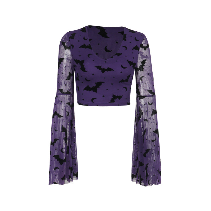 Persönlichkeit Slim Fit Fledermaus Beflockung V-Ausschnitt Langarm Frauen Halloween Sexy Top