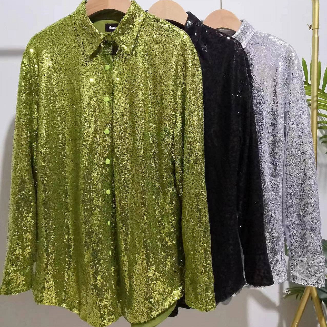 Women Sequin Long Sleeve Loose Mid Length Sequined Shirt