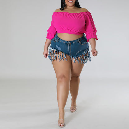 Plus Size Women Clothing Denim Tassel Fit Shorts