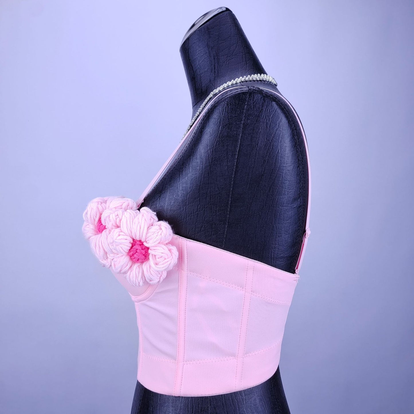 Sujetador exterior de punto rosa para niña dulce, prenda interior con flores de ganchillo y varillas para posavasos, sujetador tipo corsé, sujetador pequeño tipo eslinga