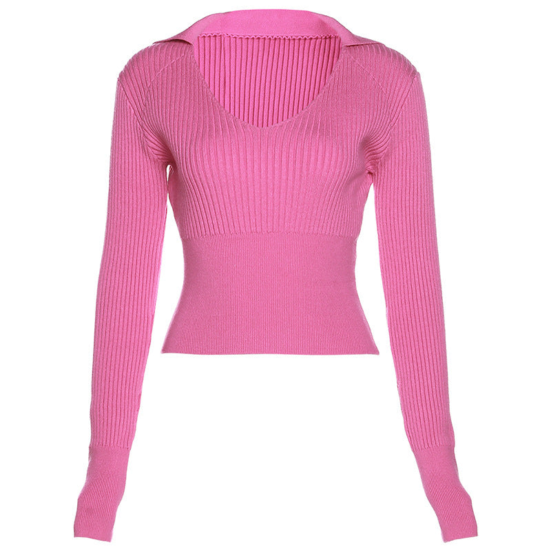 Top de punto recortado ajustado de Color sólido con cuello Polo de manga larga para mujer de tendencia de invierno