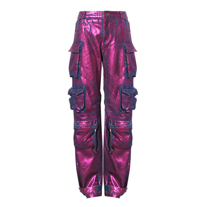 Purple Bronzing Niche Multi Pocket Overalls Fried Street Straight Loose Mop Wide Leg Casual Trousers Jeans