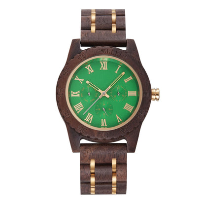 Reloj de cuarzo multifuncional retro de nogal dorado para hombre