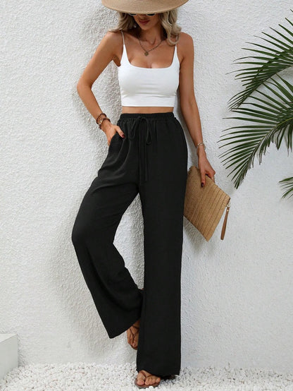 Women Clothing Spring Summer Solid Color Mop Wide Leg Pants Casual Pants