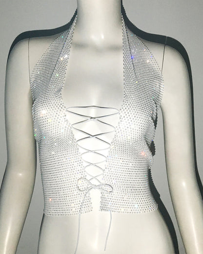 Sexy Top Sexy Lace up Rhinestone Vest Sweet Spicy Fishnet Top Sexy Sling Women