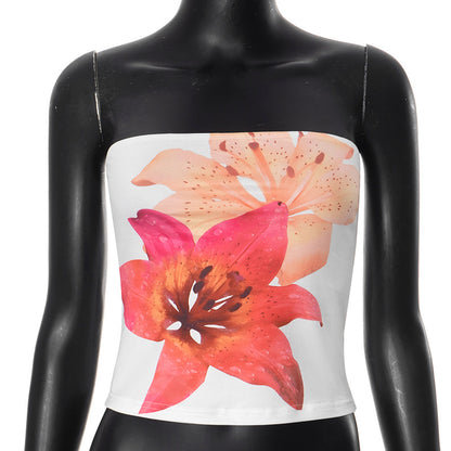 Top ajustado con estampado floral sexy para mujer, ajustado, ajustado, de verano