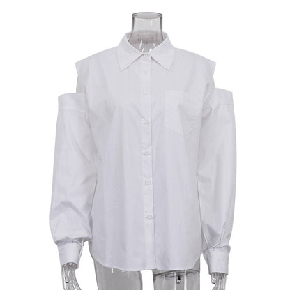 Ropa de mujer Camisa blanca de manga larga con cuello Camisa holgada de verano con hombros descubiertos