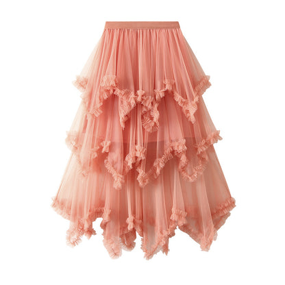 Wooden Ear Irregular Asymmetric Mesh Tiered Skirt Mid Length High Waist Big Swing Puffy Fairy Gauze Dress Long Skirt