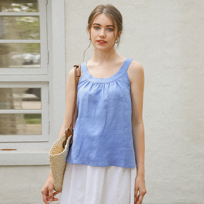 Summer Pure Linen round Neck Camisole Vest French Loose Slimming Sleeveless off-Shoulder Top Women Thin