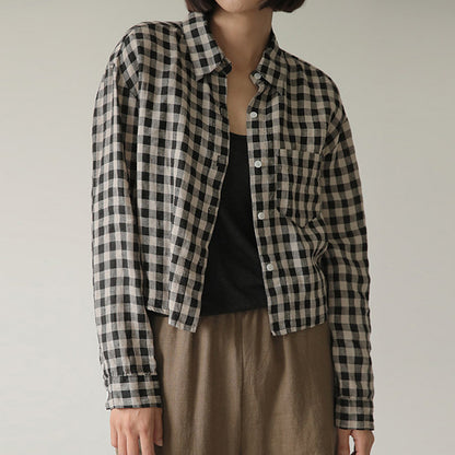 Retro-Baumwoll-Leinen-Plaid-Taschenhemd Frühherbst Lazy Wind Kragen Langarm Kurze All Match Casual Cardigan