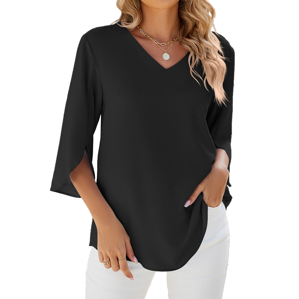 Frühling Sommer Einfarbig V-Ausschnitt Halbarm Lose Chiffon Shirt Damen Top