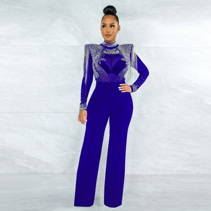 Sexy Casual Slim Fit Turtleneck See Through Rhinestone Tassel Jumpsuit Women