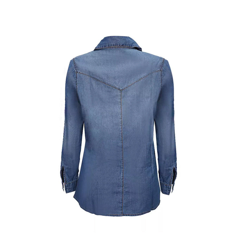 Women Denim Shirts Button Roll Sleeve Split Hem Denim Shirt for Women