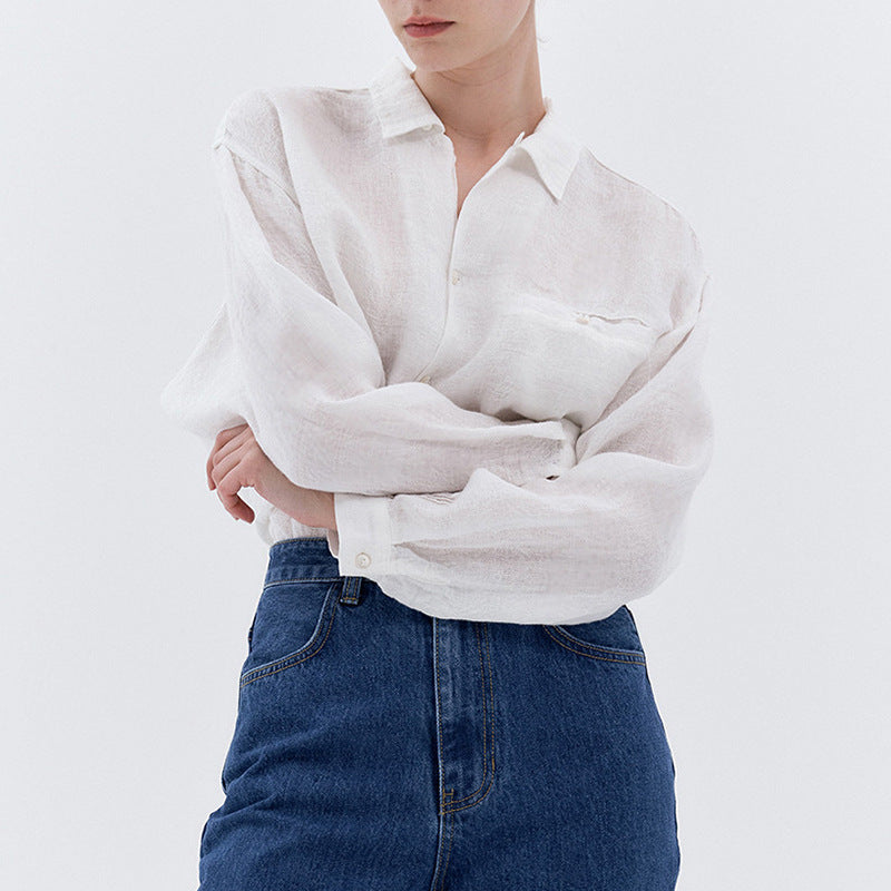 Office Pure Linen Long-Sleeved Shirt Summer Contrast Color Women Small Organ Pleated Single Breasted Collared Shirt